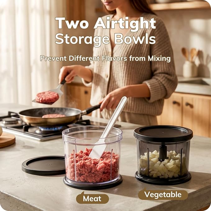 Food Processor Set: 2-Speed Food Chopper with Two 4 Cup Bowls | Electric Vegetable Chopper with 2 Pack 420 Stainless Steel 4-Layer Blades, Meat Grinder for Meat, Fruits, Baby Food,Pet Food