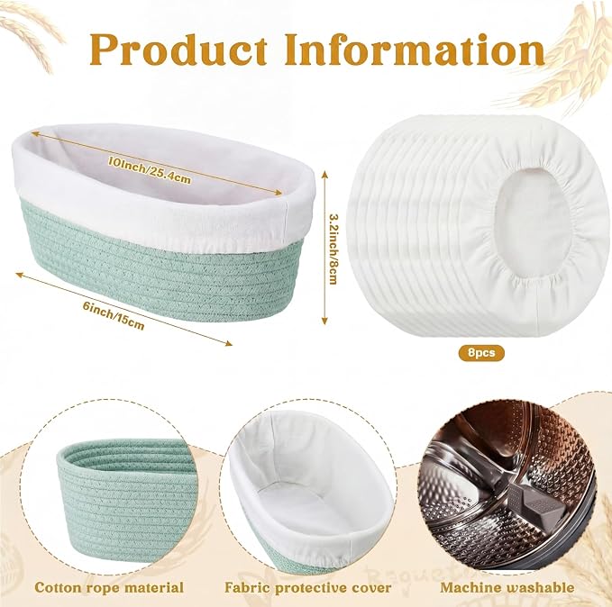 4 Pcs 10 Inch Bread Proofing Basket Set Cotton Rope Oval Banneton Basket Sourdough Bread with Liners Covers for Baking Supplies (Green)