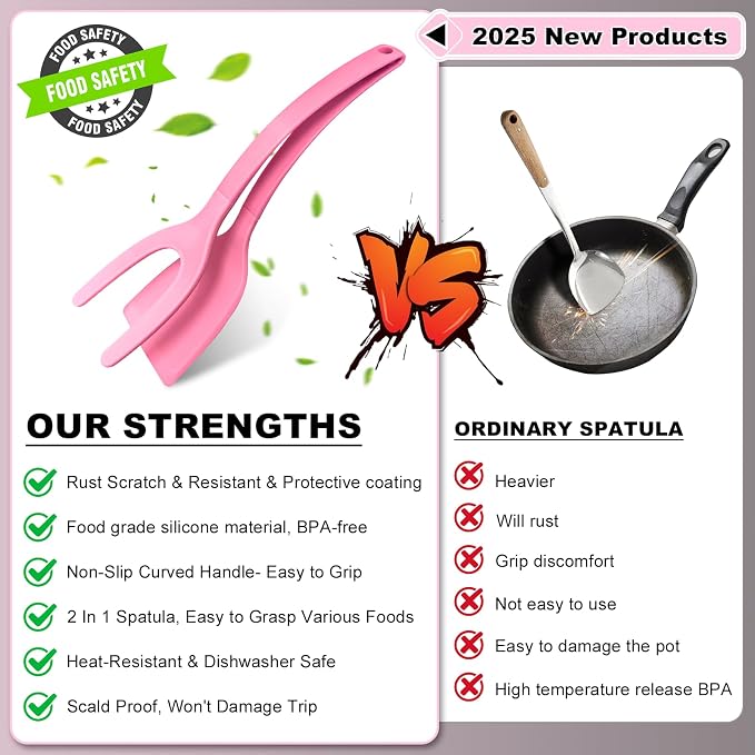 Silicone Spatulas, High Heat Resistant BPA Free Cooking Tongs, Silicone Kitchen Utensils, Spatula Tong, Egg Flipper Spatula for Non Stick Frying Pan, Ideal Cookware for Fish, Eggs, Pancakes