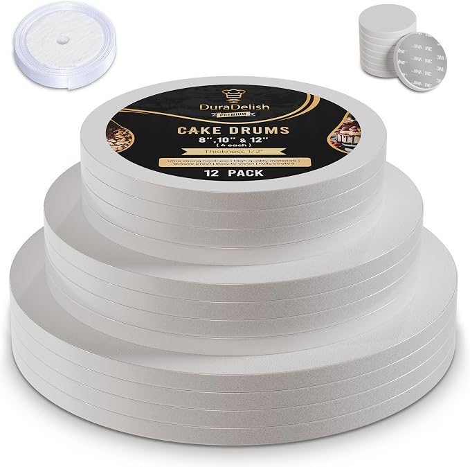 12-Pack Cake Drums 8,10 & 12 inch Reversible, Sturdy 1/2" Thick, Greaseproof, White | Free Prop Up Tool + Matching Ribbon | Professional Round Cake Boards for Tiered, Wedding, Birthday Cakes
