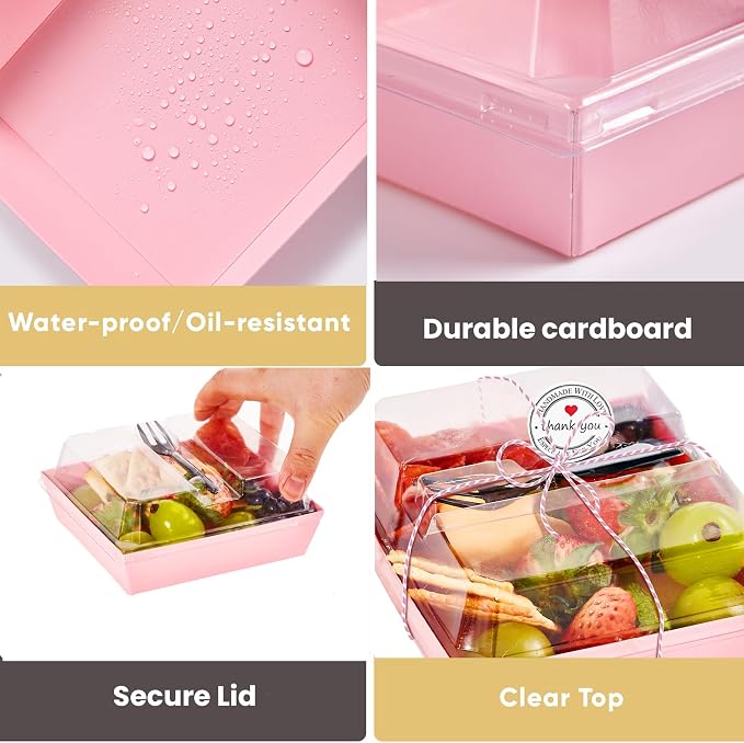 Leafiew 50 Pack Clear Treat Boxes with Forks - Small Dessert Boxes To Go - 5 Inch Disposable Paper Mini Containers for Cookie, Cake Slice, Charcuterie, Bakery, Strawberry, Baked Goods Packaging (Pink)