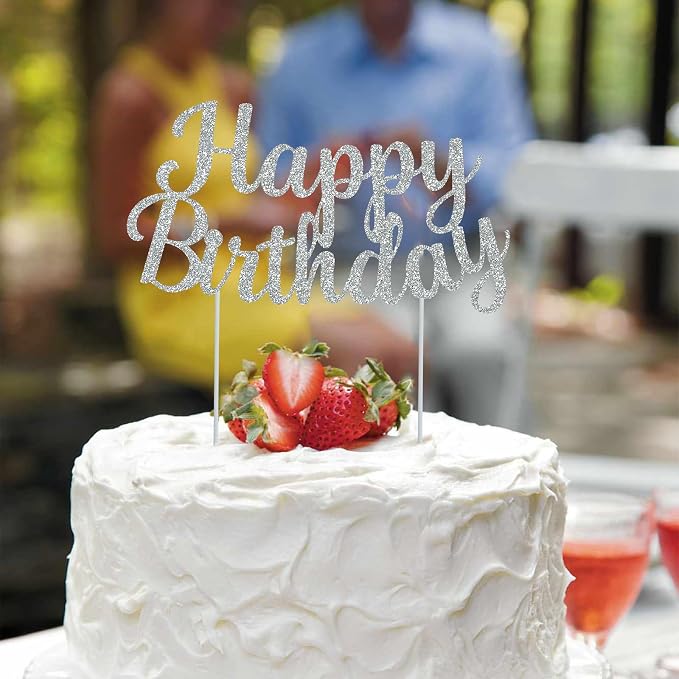 BEISHIDA Silver happy birthday Cake Topper, Happy Birthday Cake Bunting Decor,Birthday Party Decoration Supplies，Photo Booth Props