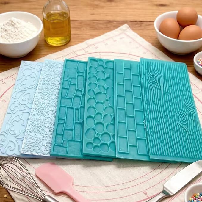 6 Pack Fondant Impression Mat Set Cake Decor Mold Set-Embossed Tree Bark/Flower/Cobblestone Texture Design Sugarcraft Decor Tool for Chocolate Cupcake Topper Wedding Cake(Blue)
