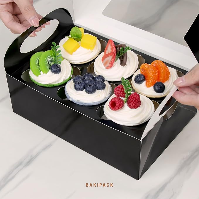 25 Black Cupcake Boxes, Mother's Day Cupcake Boxes 6 Count with Window and Inserts, Cupcake Holders for Cupcakes, Muffins, Cookies
