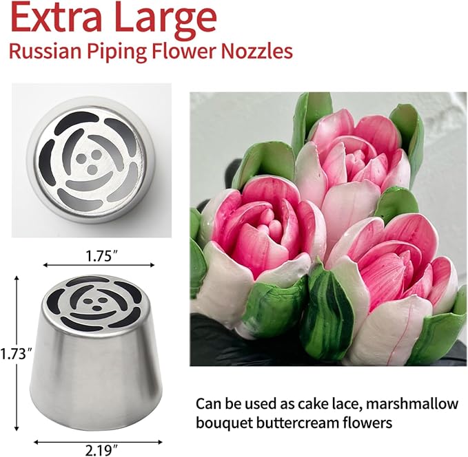 2-Piece Extra Large Stainless Steel Russian Flower Nozzle Set, Includes 1 Extra Large Nozzle and 1 Pagoda Brush, Rose Tulip Piping Tips for Cake Decorating, Dessert Baking Tool