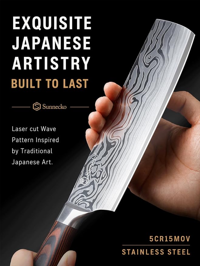 Sunnecko Japanese Nakiri Knife 7 Inch - 12° Edge Carbon Steel Chef Knife for Meat Vegetable Cutting Japanese Style, Full Tang Forged Blade Knife with Sheath, Kitchen Gift for Father Home Cooks & Pros