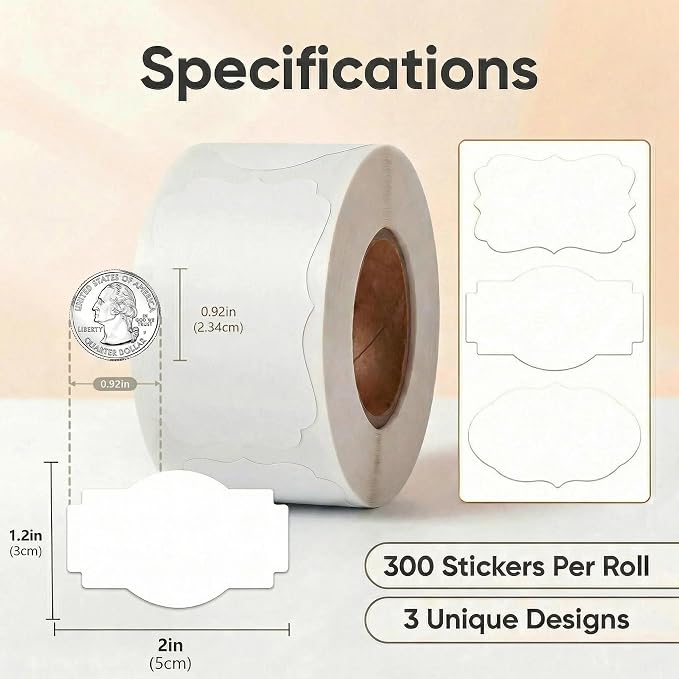 300 Pcs White Labels Stickers, 1.2x2 Inch, 3 Decorative Designs, Writable for Gift Wrapping, Pantry Storage, Jars & Wedding Decor
