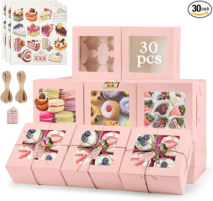 OAMCEG 30 Pack Cupcake Boxes with Window, 6x6x3 Inches Cookie Boxes, Bakery Treat Boxes for Pastry, Desserts, Chocolate Strawberries, Cupcake Containers, Gift Giving with Stickers & Twine （Pink）