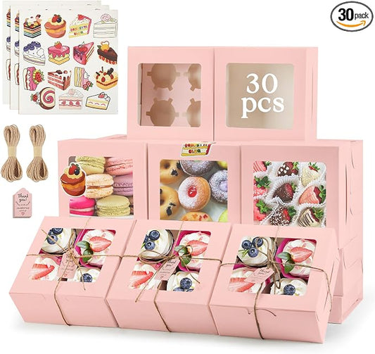 OAMCEG 30 Pack Cupcake Boxes with Window, 6x6x3 Inches Cookie Boxes, Bakery Treat Boxes for Pastry, Desserts, Chocolate Strawberries, Cupcake Containers, Gift Giving with Stickers & Twine （Pink）