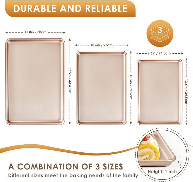 Baking Sheet Pan Set of 3, Nonstick Commercial Cookie Sheets for Baking | Half/Quarter/Jelly Roll Pans Replacement Toaster Oven Tray, Heavy Duty & Easy Clean, Rose Gold