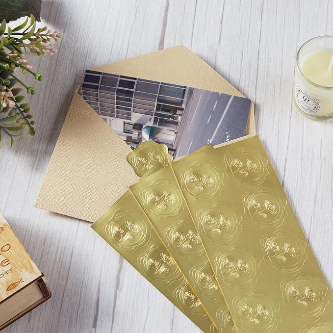 300 Pieces Embossed Gold Foil Stickers, Gold Rose | For Envelopes, Wedding Invitations, Christmas Greeting Cards