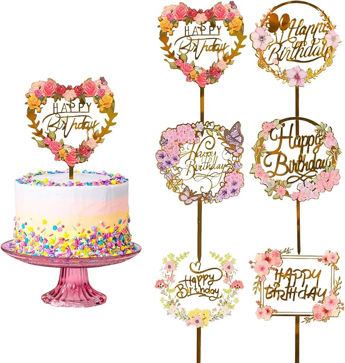 LOKIPA 6PCS Happy Birthday Cake Toppers, Flower Acrylic Cupcake Cake Toppers Gold Cake Topper for Birthday Party Anniversary Decorations