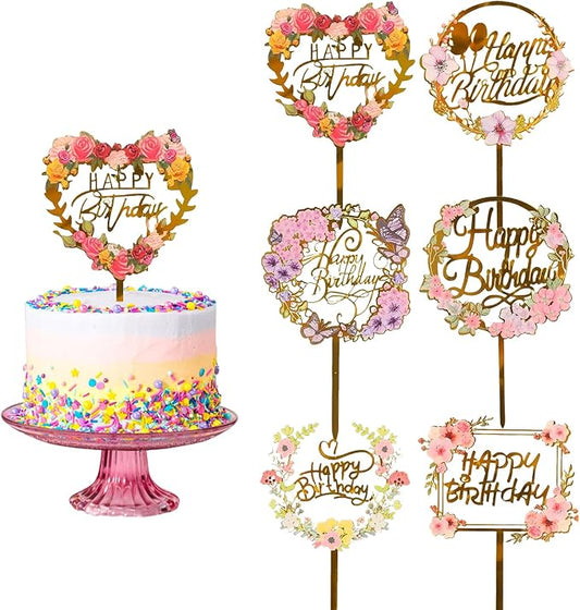 LOKIPA 6PCS Happy Birthday Cake Toppers, Flower Acrylic Cupcake Cake Toppers Gold Cake Topper for Birthday Party Anniversary Decorations