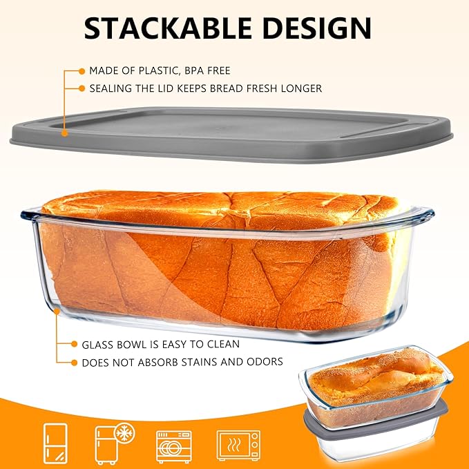 Glass Loaf Pans for Baking Bread with Lids 2 Set - 1.9 Qt Glass Loaf Pan | Oven, Dishwasher, Fridge, Freezer & Microwave Safe, Bread Pan Suit for Lasagna, Meatloaf, Banana