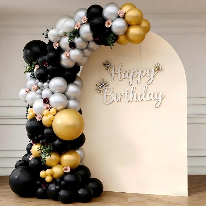 Black Gold Silver Balloon Garland Arch Kit, 143Pcs Black Gold Silver Latex Balloons for New Year 2026 Graduation Retirement Birthday Party Decoration