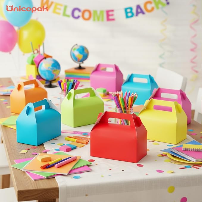 UnicoPak 30 Pack Red Party Favor Bag Boxes, Gable Gift Boxes for Treats Goodies Candies Cookies, Ideal for Red Party Favors, Theme Birthday Party, Valentine's Day, 6.5x3.5x3.5 Inches