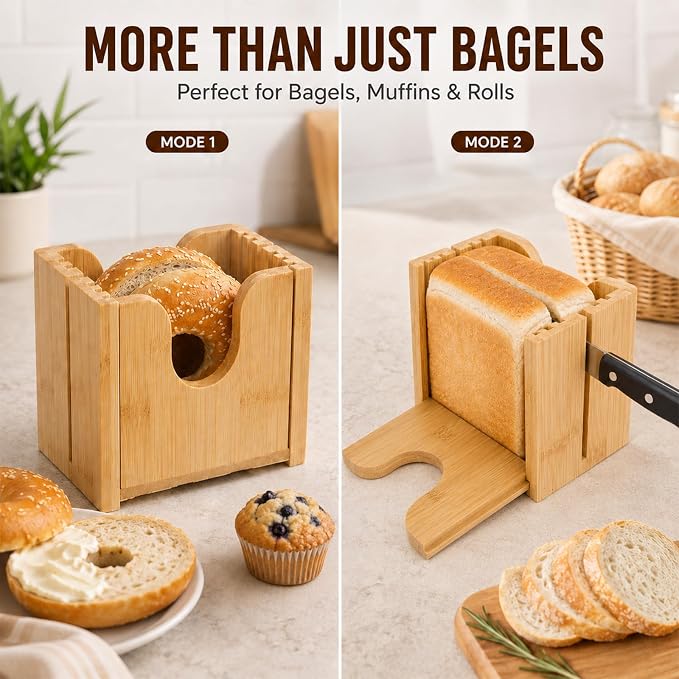 Bamboo Bagel Slicer for Homemade Bread, Wooden Bread Cutting Guide with Cleaning Brush, Safe Bagel Cutter for Bagels, Muffins, Rolls and Small Bread Loaves