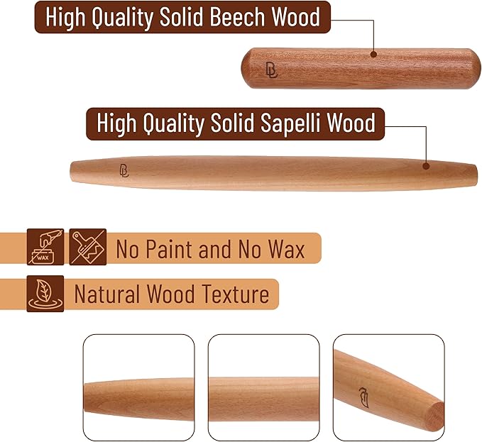 BAMBOO LAND- French Rolling Pin Set, 2 pcs, 16" & 8" Natural Wood | Rolling Pins for Baking Pastry, Dough, Bread, Cookie, Pizza, Kitchen Essentials