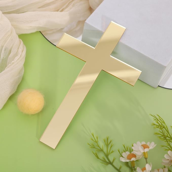 Golden Cross Cake Topper - First Holy Communion Party Decorations,Acrylic Cross Cake Topper Photo Props,God Bless Baptism Centerpiece,Religious Birthday Wedding Party Decorations