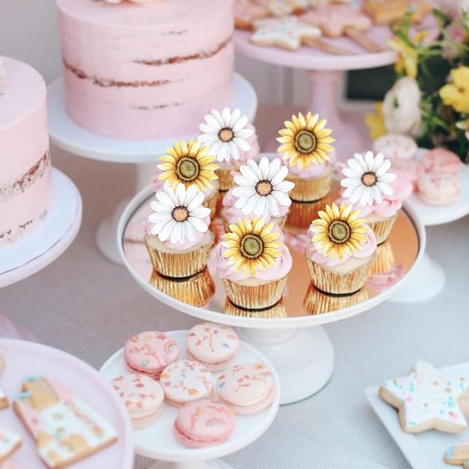 60 PCS Edible Sunflower Cupcake Toppers Edible Flowers Cake Decorations Wafer Paper Sunflower Party Decorations for Baby Shower Birthday Party Cake Toppers Food Decorations Supplies Yellow White