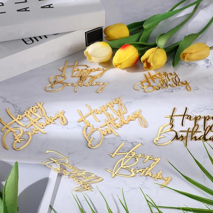 Barydat 24 Pieces Gold Happy Birthday Cake Toppers Mirror Acrylic Cupcake Topper Happy Birthday Sign for Cake Side Cupcake Decorations, 6 Styles