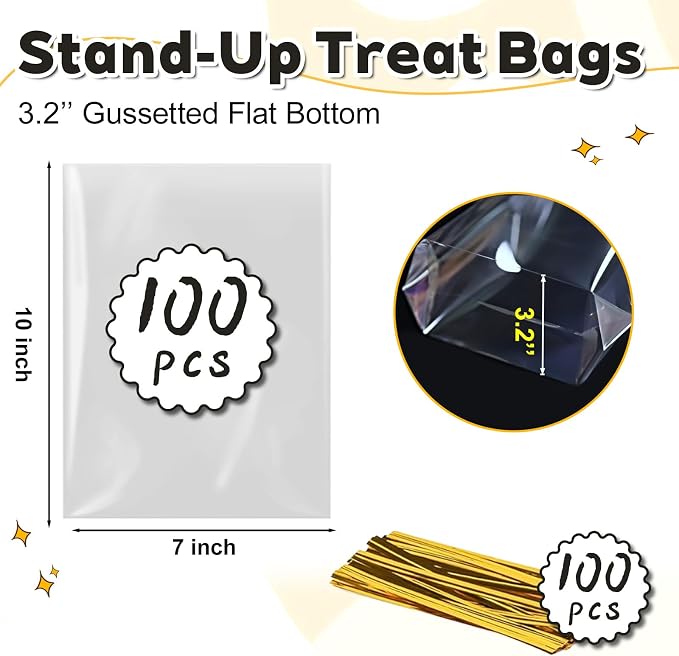 PigPotParty Cellophane Treat Bags 7x10 Inch, 100 Pack Clear Goodie Bags with Bottom Gusset for Stand-Up Display, Small Plastic Gift Wrap for Cookies, Candy, Party Favors, Popcorn, Includes 100 Ties