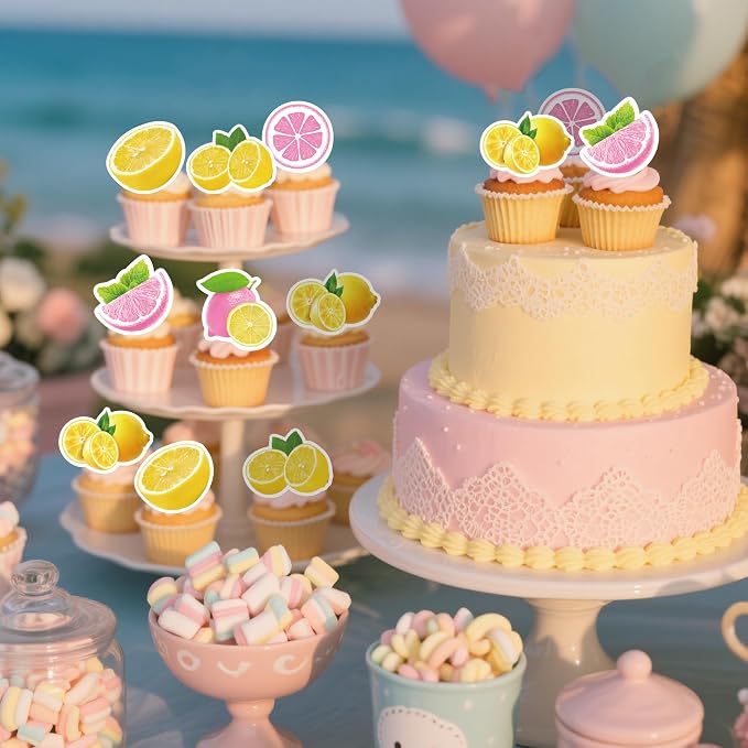 72Pcs Edible Lemon Cupcake Toppers Fruits Theme Party Decorations Lemonade Theme Cupcake Toppers for Summer Fruit Theme Theme Party Wedding Bridal Shower Supplies