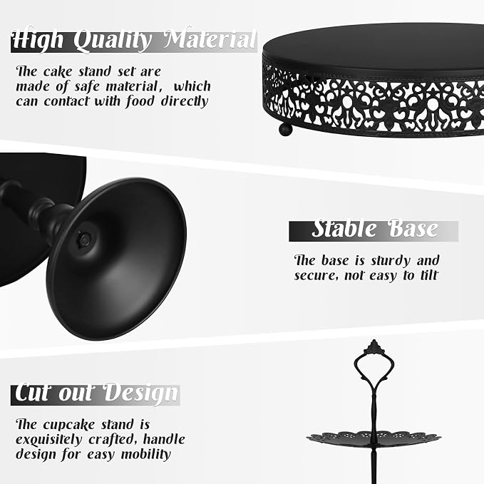 Fivenl 8 Pcs Cake Stand Black Metal Dessert Table Display Set, 3-Tier Cupcake Stand, Cake Display Tower and Cookie Tray Rack Serving Tray for Birthday Party, Weddings, Baby Shower (Black)