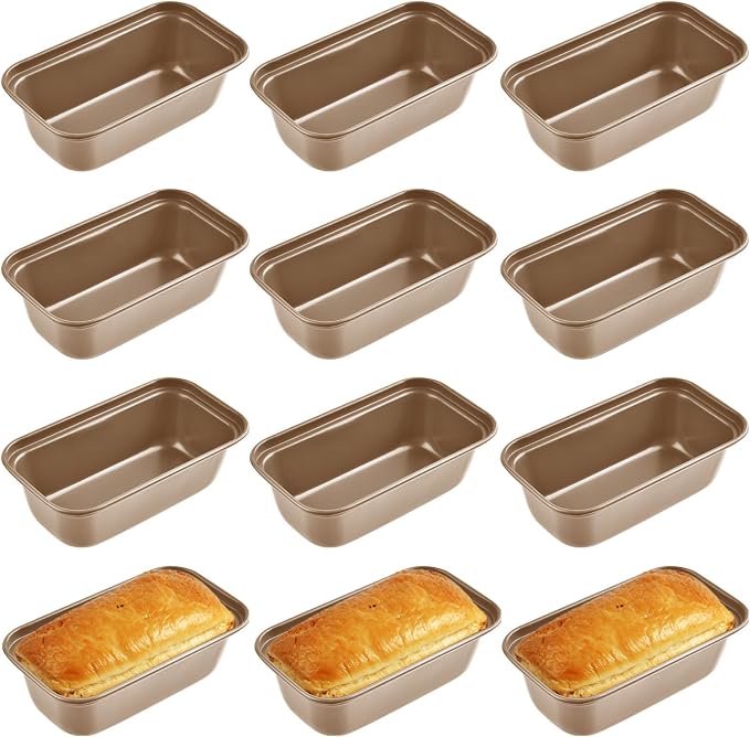 12 Pcs Mini Loaf Pan, Carbon Steel Bread Baking Pans, Nonstick Baking Pans, Tiny Banana Bread Pan for Baking Bread, Meatloaf, Brownies, Pound Cakes (Gold, 6.1 x 3.3 x 1.8 Inches)