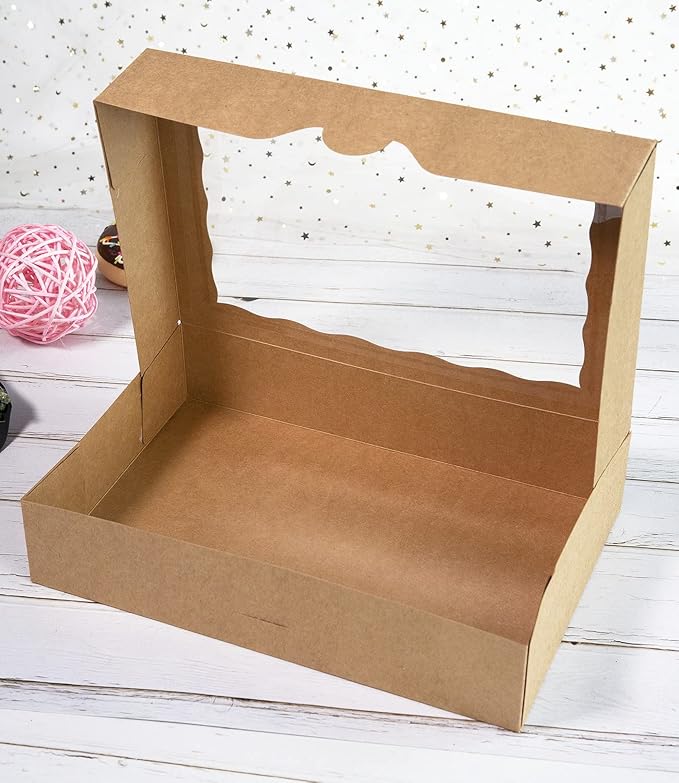 ONE MORE 15-Pack Brown Pastry Box12x8x2.5inch,Large Bakery Cookie Box for Donuts,Muffins with Window Lid - Auto-Pop up Paper Box Doughnut Cardboard Chocolate Strawberries Treat Boxes,Pack of 15