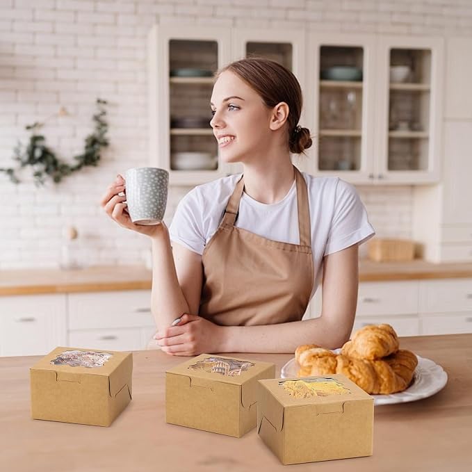 Brown 50pcs Cookie Boxes for Gift Giving, 4x4x2.5 Inches Small Bakery Boxes with Window, Kraft Paper Treat Boxes, Pastry Boxes for Dessert, Macarons, Cupcake, Donuts,Valentine, Wedding & Home Use