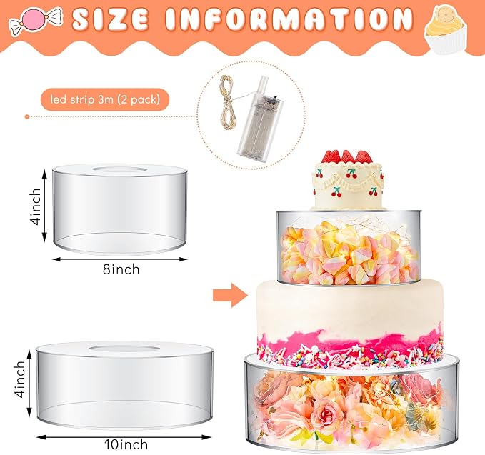 Sunnyray 2 Pcs Acrylic Cake Stands for Dessert Table Clear Fillable Cake Riser Cupcake Tier with LED Strings for Birthday Wedding Holiday Party Display(8'', 10'')