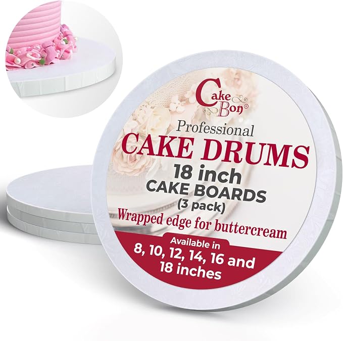Cakebon Round Cake Boards - Sturdy 1/2 Inch Thick Cake Drums - 18 Inch Professional Base para Pastel Fully Wrapped Edges White 3-Pack