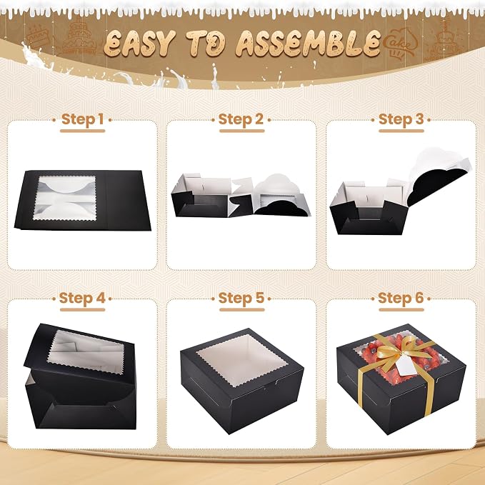 32Pcs 10 Inch Cake Boxes with Cake Boards (16Pcs Black Cake Boxes, 16Pcs Cake Boards), 10x10x5 Inch Bakery Boxes with Window, Cake Carrier Container for Birthday Party, Wedding