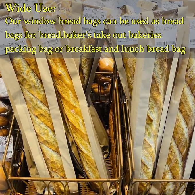 Bread Bags for Homemade Bread with 500 Labels, 60-Pack 4.5 x 2.5 x 16 Inch Paper Bags for Bread with Clear Window, Bakery Gift Packaging for Baguette, Sourdough Storage
