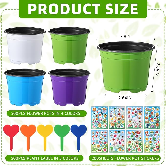 200 Sets Garden Pot Craft Kit, Flower Plant Spring Craft Including Plastic Nursery Plant Pots Labels Tags Stickers for DIY Flower Planting Growing Birthday Arts Kit (Lively)