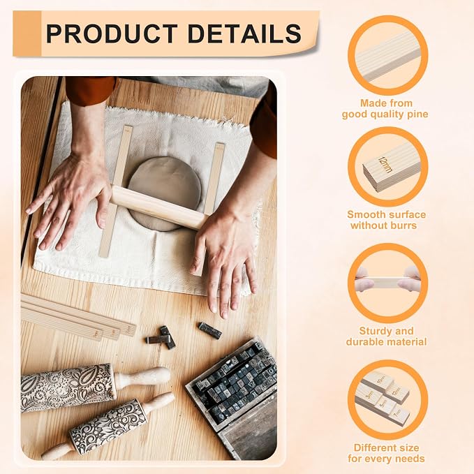 eZAKKA Clay Thickness Guides and Wooden Rolling Pin Set for Pottery, 11 Pcs | Pine Wood Slab Rollers with 5 Thicknesses (0.12-0.47") for Ceramic DIY Crafts, Mud Flattening & Sculpting Tools for Beginners