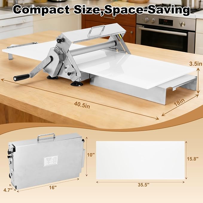 Folding Dough Sheeter 15.8", Manual Countertop Dough Sheeter, 0–25mm Adjustable Thickness, Food-Grade Stainless Steel Dough Roller Machine for Pizza Dough, Bread, Cookies, Pie Crust & Pastry Baking