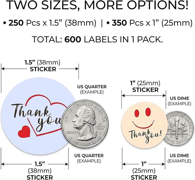 Thank You Stickers 600 Pcs - 1.5" & 1" Round Labels for Small Business, 7 Designs Packaging Stickers for Handmade Products, Envelopes, Gift Wrapping & Crafts