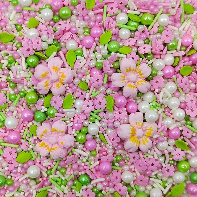 Eastron Pink Flowers Sprinkles Edible Flowers for Cake Decorating White Pink Sugar Pearls Spring Confetti Sprinkles for Cupcakes, Ice Cream, Cookies, Cakes, Donut Dessert Decoration