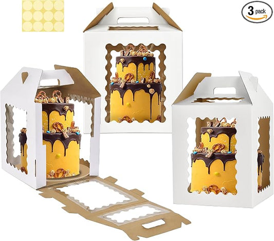 12inch Tall Cake Boxes 6 Windows with handle,12x12x12 Tiered Cake Box, Square cake carrier,largeTake Out Transport Containers Ideal for 10" & 12" Tiered Cakes (3Pack-White)