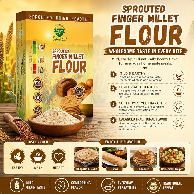 Danodia Foods Organic Finger Millet Flour 2lbs | Gluten Free, Low GI, Sprouted, Roasted & Ground Millet Flour for Flatbread, Pancakes & Baking, Cookies, Pizza Base