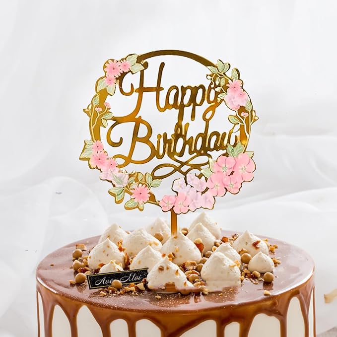 LOKIPA 6PCS Happy Birthday Cake Toppers, Flower Acrylic Cupcake Cake Toppers Gold Cake Topper for Birthday Party Anniversary Decorations