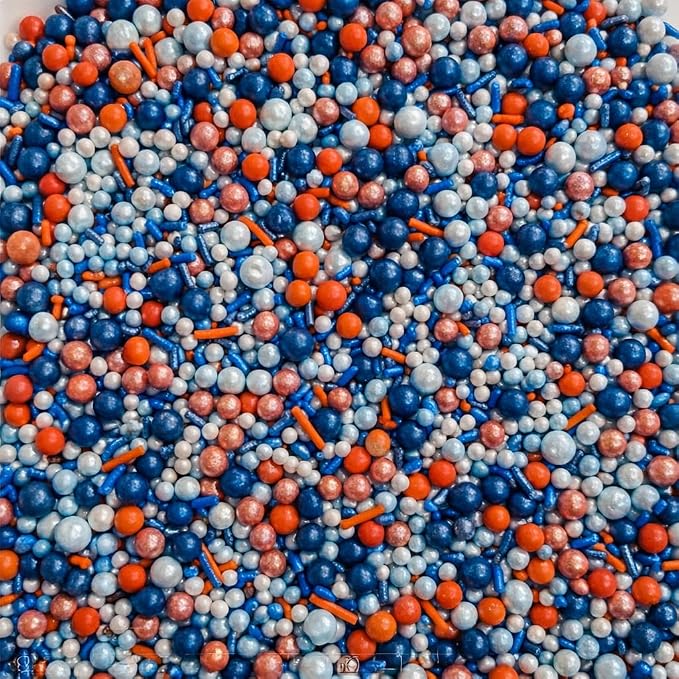 Confect Citrus Blue Celebration Sprinkle Mix – Premium Dragees & Jimmies | Orange, Baby Blue & Navy | Bake Stable Cake & Cupcake Toppings 4.2 Oz