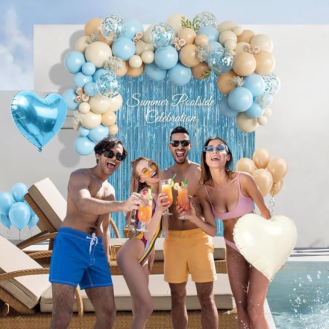 157Pcs Light Blue Cream Sand White Balloons with Pastel Blue Fringe Curtain for Baby Shower Gender Reveal Wedding Teddy Bear Birthday Party Decorations