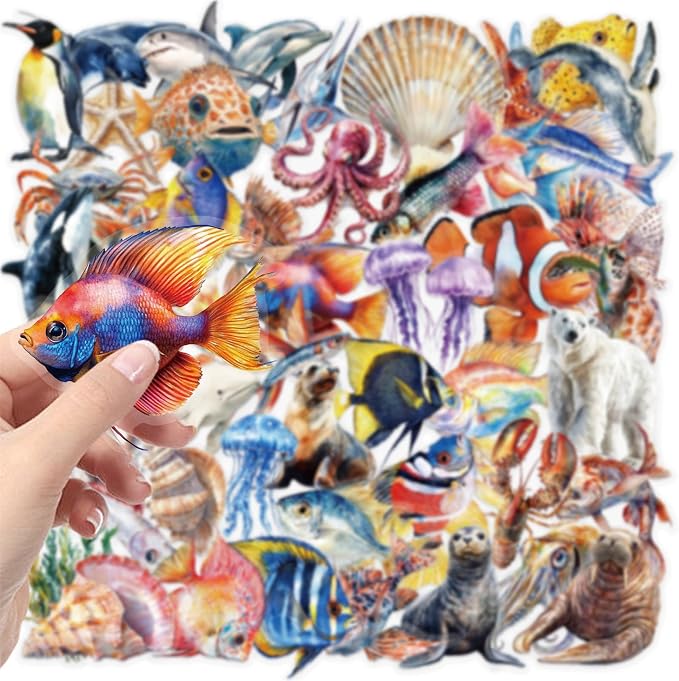 50pcs Marine Organism Transparent PET Stickers for Journaling Supplies, Lovely Sea Fish Sticker for Scrapbooking, Skateboard, Bicycle, Water Cup, Gift for Teenagers(colourful-B12)
