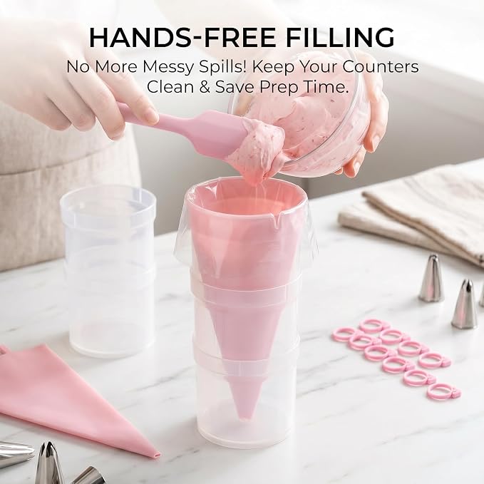 2 Pack Piping Bag Holder Stand Kit, 2 Clear Detachable Holders with Reusable Silicone Icing Bags and 10 Pink Clips, Hands-Free Frosting Filling Tool for Cake, Cupcake, Cookie Decorating