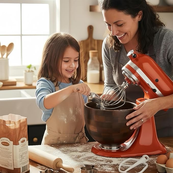 5 Quart Natural Wooden Mixing Bowl, Compatible with KitchenAid 4.5-5 Qt Tilt-Head Stand Mixers, Handcrafted Solid Wood Bowl with Stainless Steel Locking Base, Aesthetic Replacement