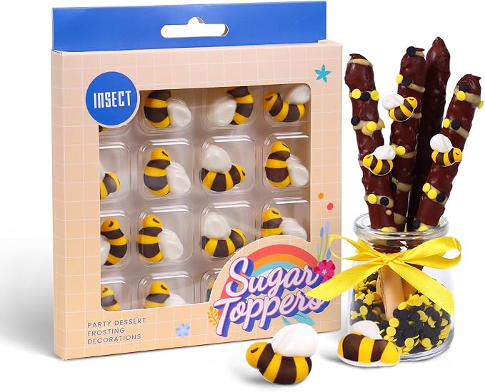 Edible Bee for Cake Decorating, 16pcs Bee Sprinkles, Royal Icing Bees for Cake, Cupcake, Macaron, and Waffles, Perfect for Bee Theme Parties, and Baby Shower