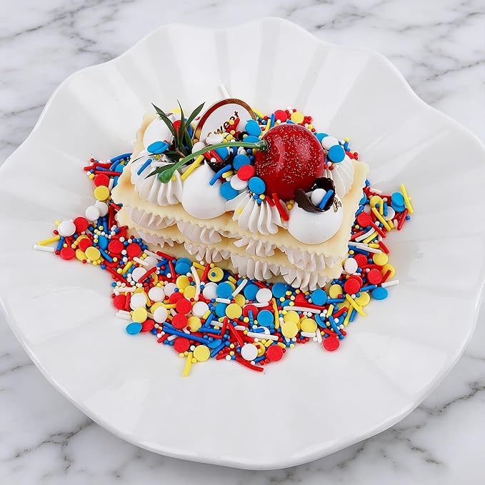 Red Blue Yellow White Sprinkles for Cake Decorating, 4.6oz Ice Cream Sprinkles 3-Mix Nonpareils Confetti Jimmies for Cupcakes Ice Cream Dessert